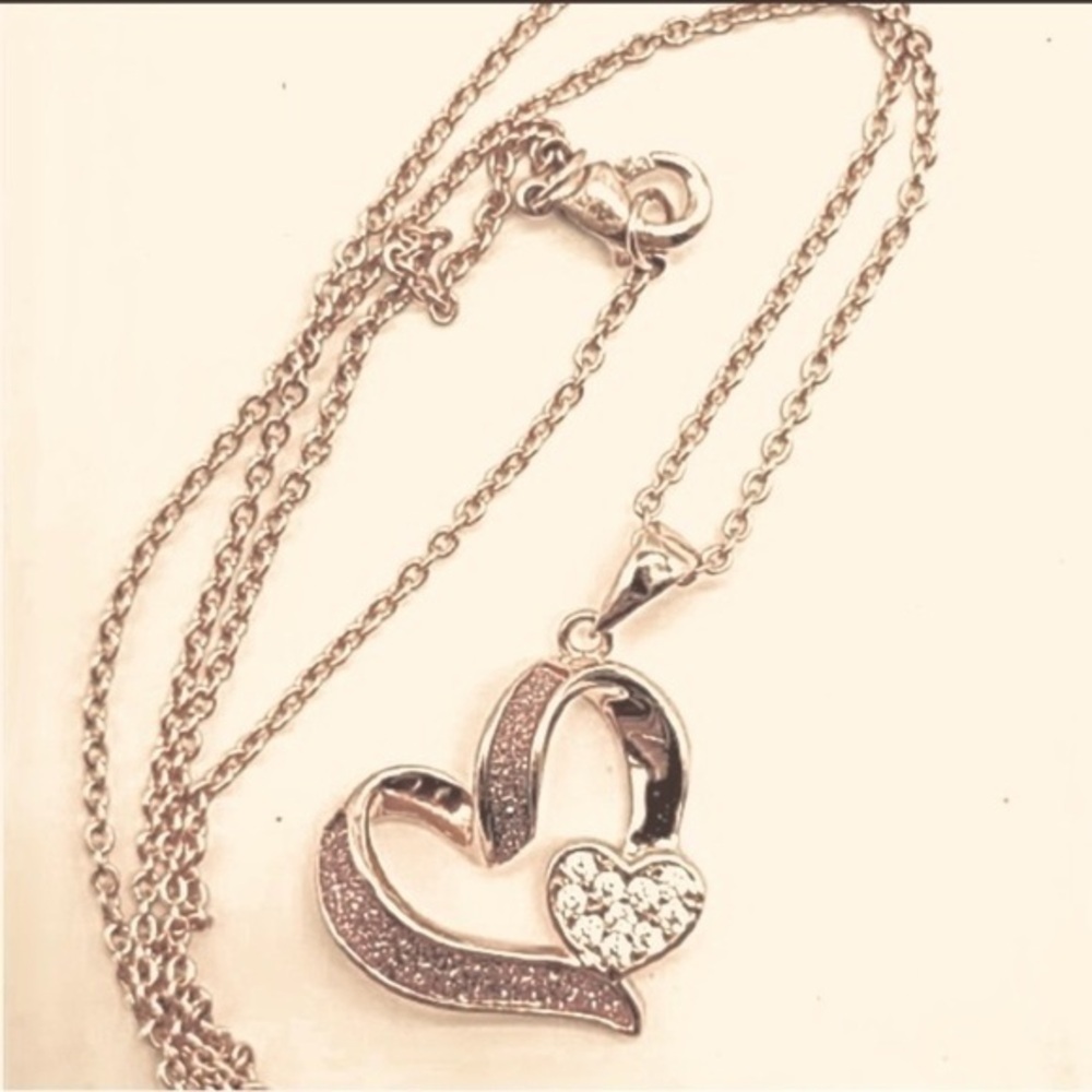 JCM Stamped BRASS Pink & Clear Cubic Zirconias Heart Necklace. Rosegold NEW